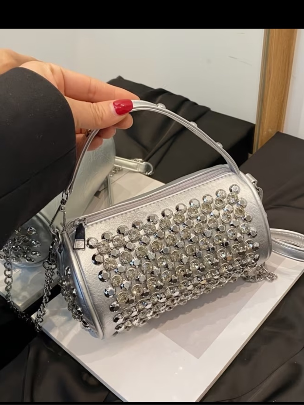 Affordable Fashion Finds Silver Gem-Studded Barrel Mini Bag